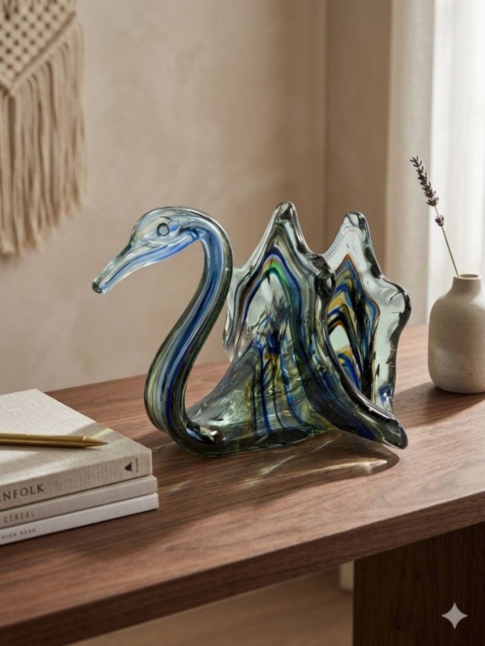 Vintage Murano Style Art Glass Swan Figurine MCM Hand Blown Blue Green 1960s